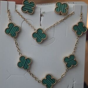 18K Gold Plated Green Alhambra Clover Motifs Set of Bracelet Earrings & Necklace